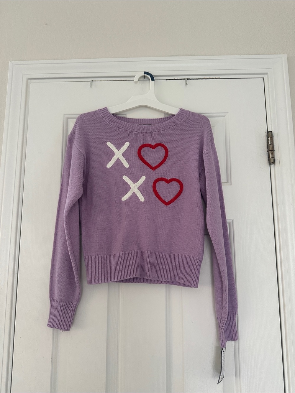 art class Lavender Knit Sweater with Red Hearts and White Xs